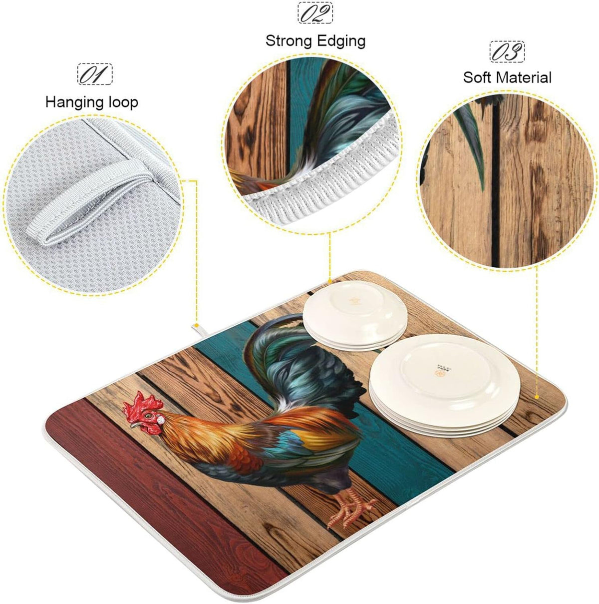 Rooster Dish Drying Mat for Kitchen Counter Farmhouse Absorbent Microfiber Drying Pad, Large 18x24 in, Reversible Drainer Mats