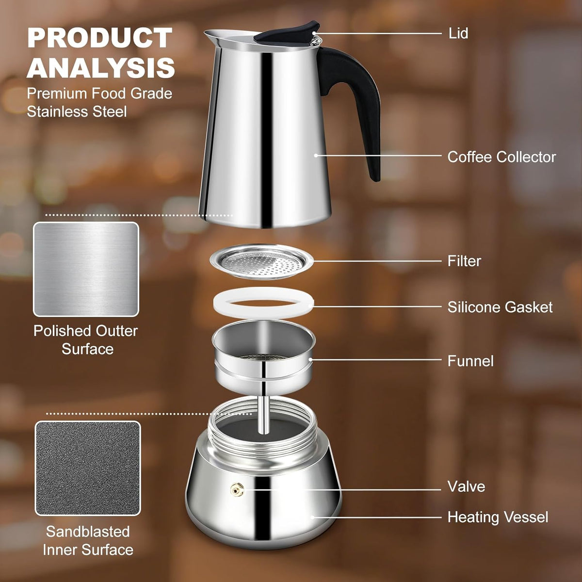 12 Cup Stovetop Espresso Maker Stainless Steel Moka Pot Stove Top Percolator Italian Coffee Makers Capable Mocha Greca Machine Cafe Classic Induction Cookers for Home and Camping 600ml 20oz