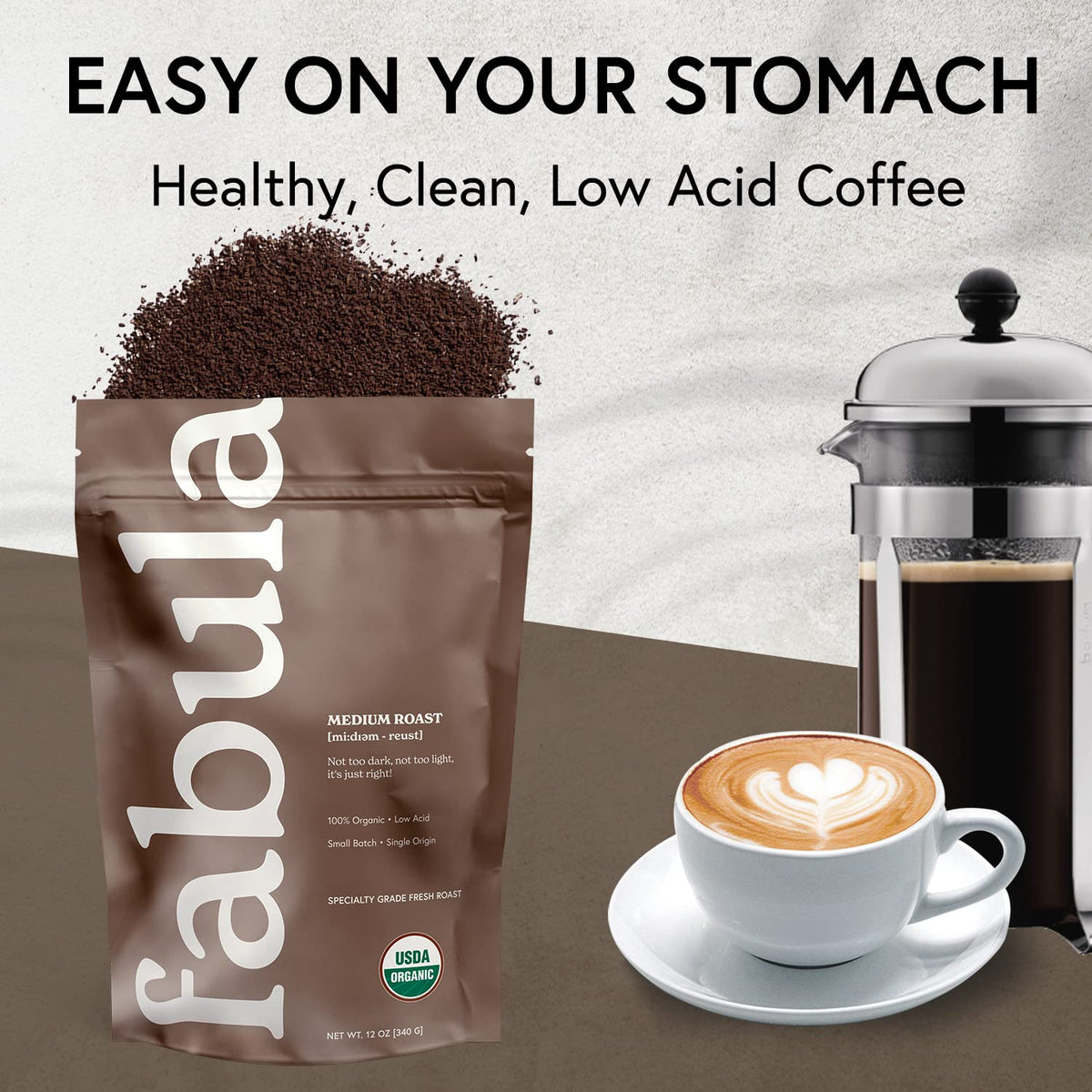 Fabula Organic Coffee for French Press, Low Acid Coffee Freshly Ground - Non-GMO - No Mold - Mycotoxins Pesticides Free - Single Origin - 12 oz