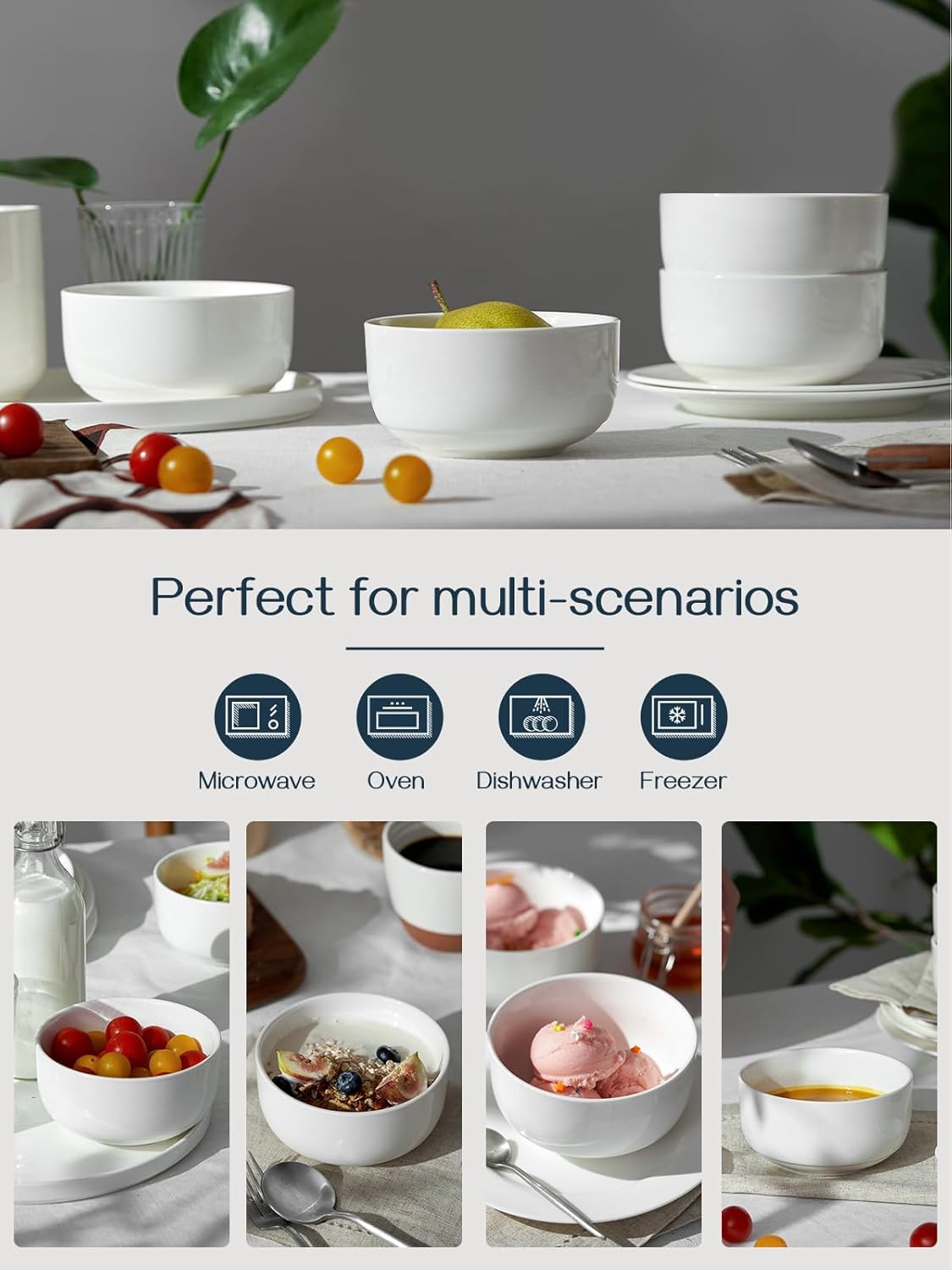 DOWAN 22 OZ Ceramic Cereal Bowls - 5.25" White Soup Bowls Set of 6 for Kitchen, Bouillon Cups for Cereal, Soup, Oatmeal, Rice, Dishwasher & Microwave Safe