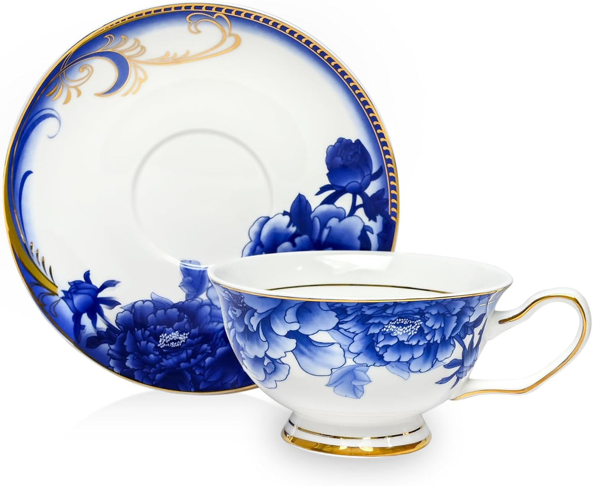 ACMLIFE Bone China Tea Sets, Blue and Gold Tea Set for Adults Porcelain Tea Cup Set, Cup and Saucer Set Vintage Floral for Women Party or Christmas Gifts Giving (china blue)