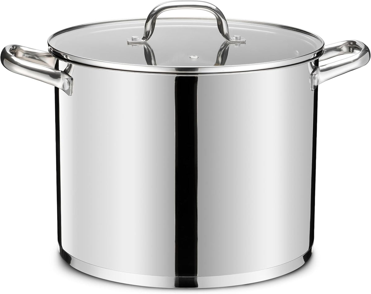 14 QT Stainless Steel Large Stock Pot, LIANYU Heavy Stockpot with Glass Lid, Deep Soup Canning Pot for Stewing Simmering, Tri-ply Base for Induction, Halogen Cooktops, Dishwasher Safe