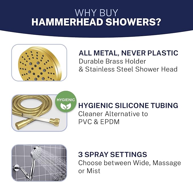 HammerHead Showers® Solid Metal 3-Spray Handheld Shower Head with Long Hose and Holder - BRUSHED GOLD - 2.5 GPM High Pressure Shower Head with Handheld Sprayer - WIDE, MASSAGE, and MIST Sprays