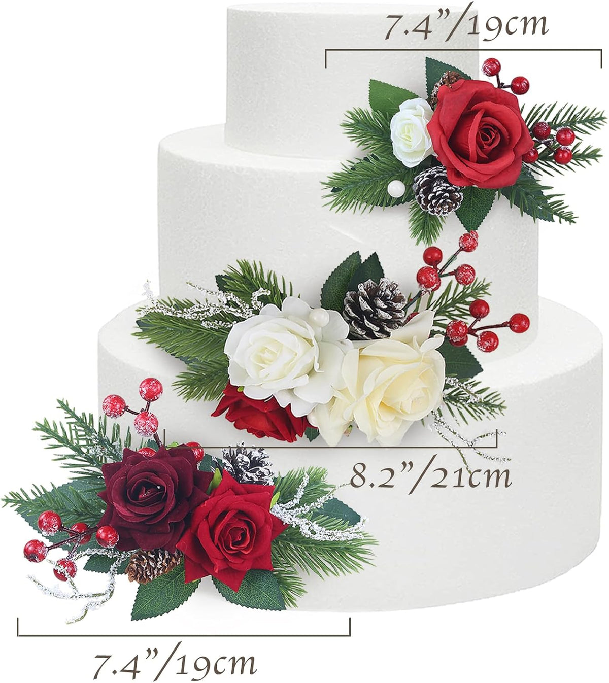 Rinlong 3Pcs Pre-made Cake Topper Cake Decorating Flowers for Christmas Cake Decor Burgundy Xmas Cake Decorations for Wedding Baptism
