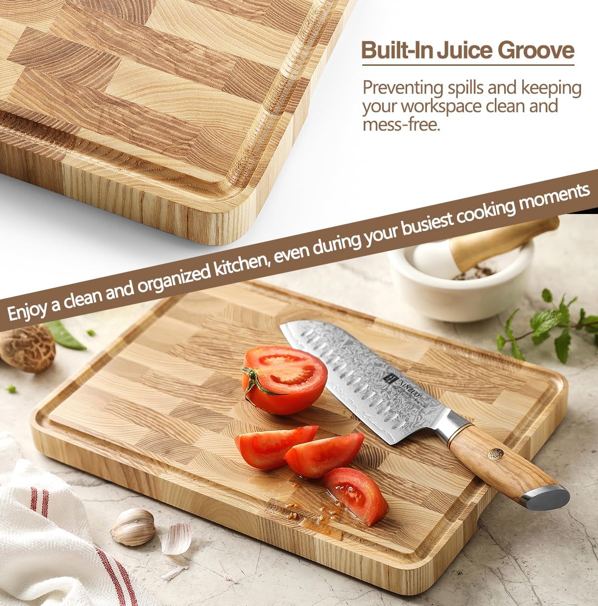 XINZUO Ash Wood Cutting Board for Kitchen, (13.8''L x 9.8''W x 1''T)-End Grain Wood Cutting Board for Meat-Chopping Boards with Slip Feet, Side Handles,Juice Groove