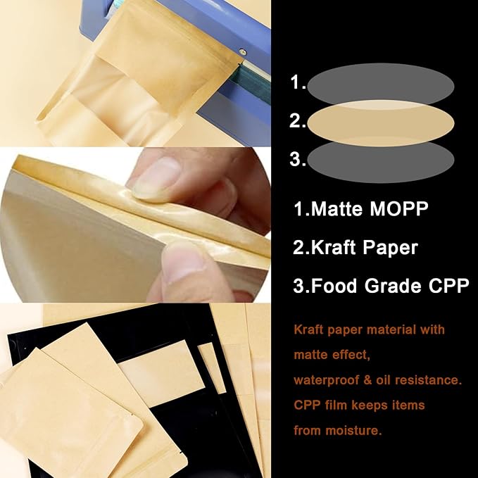 100 PCS Resealable Bags, Stand Up Kraft Paper Bags with Matte Window, Zipper Lock Food Storage Bags for Small Business and Home, 7.87 * 11.81 Inches Reusable Sealable Bags for Packaging