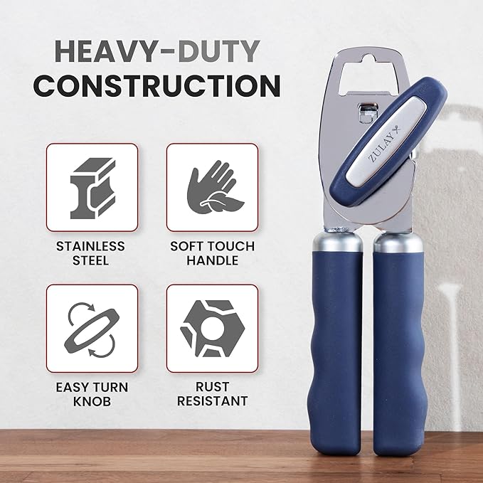Zulay Kitchen Heavy Duty Stainless Steel Can Opener Manual with Bottle Opener - Rust Proof Manual Can Opener With Turn Knob & Comfy Soft Grip Handles - Blue