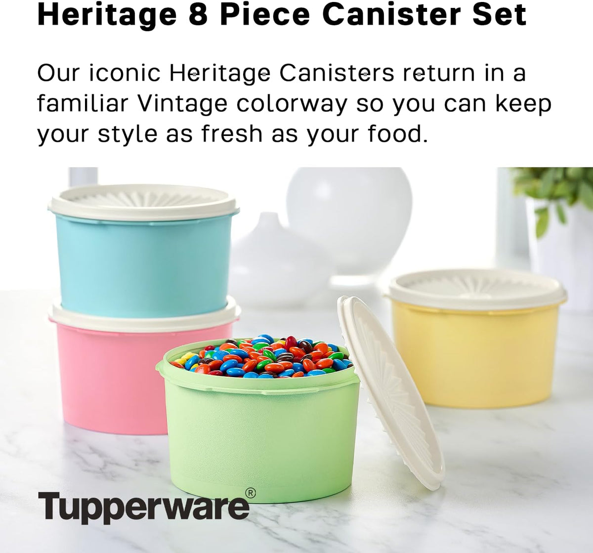 Tupperware Heritage Collection 8 Piece Food Storage Canister Set in Vintage Colors, Dishwasher Safe and BPA Free (4 Containers, 4 Lids)