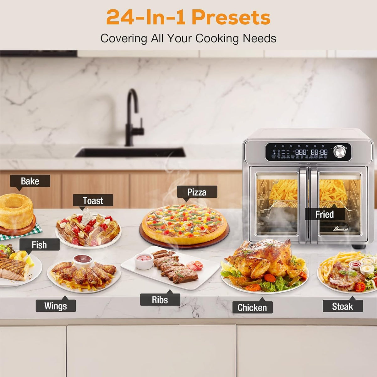 Romswi 26QT French Door Air Fryer Toaster Oven Combo, 24 Cooking Functions and Digital Controls, Fits 12" Pizza, 6 Slices of Toast, Rotisserie 6lb Chicken, 6 Accessories Included