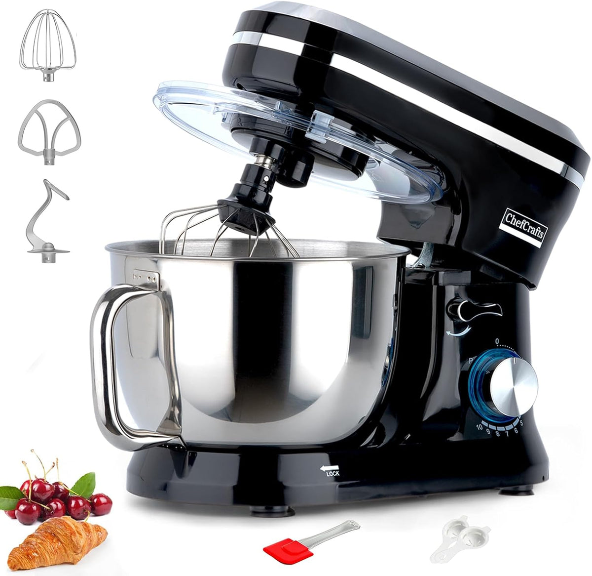 Household Stand Mixer with 6.5 Quart Bowl, Electric Food Mixer 10+p Speeds 660W, Kitchen Tilt-Head Bread Dough and Cake Mixers with Dough Hook, Whisk, Beater, Splash Guard and Egg Separator (Black)