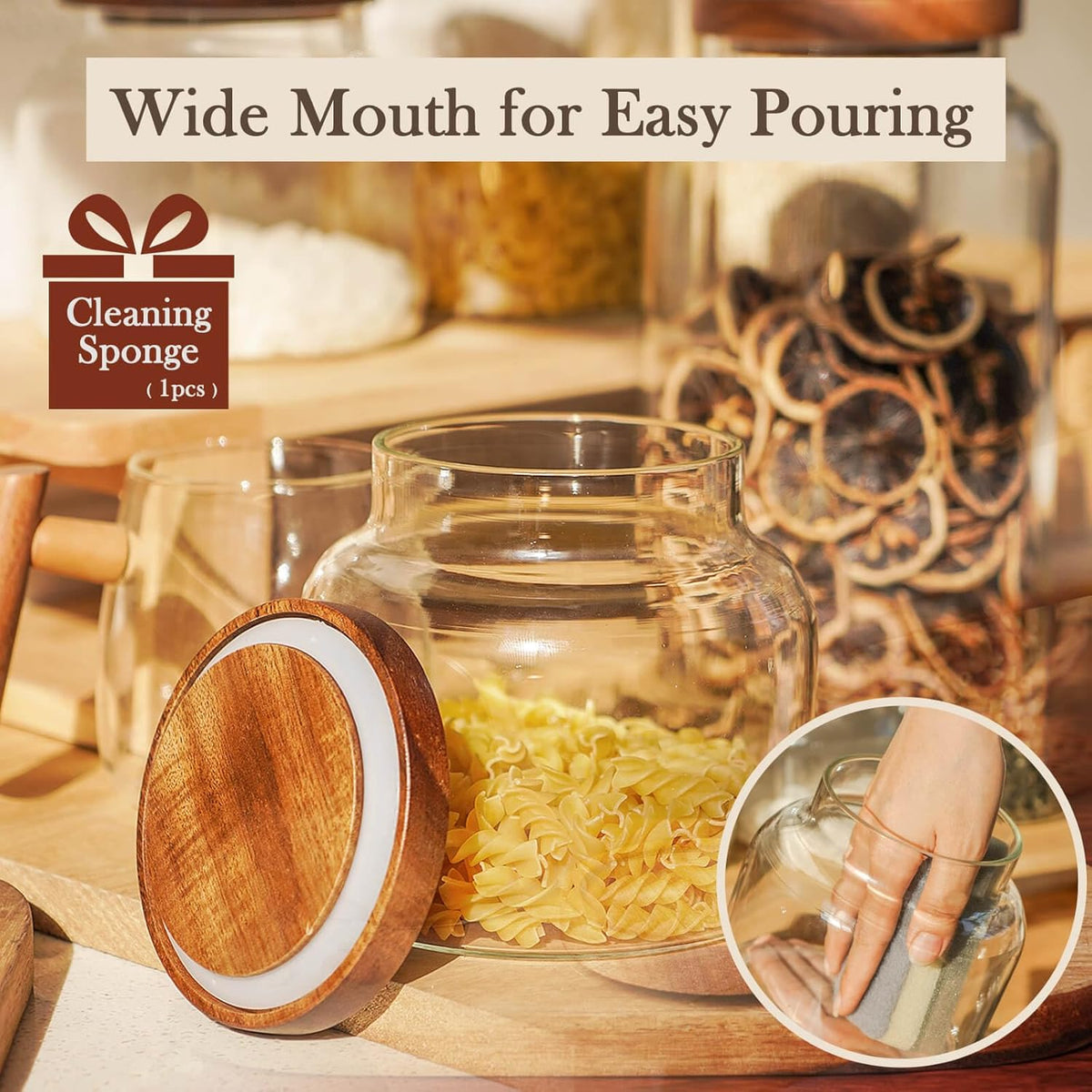 Labina Glass Storage Container Airtight Food Jars Kitchen Canister with Wood Lids, 47 Oz Wide Mouth Pantry Organization Glass Jar for Flour, Sugar, Cookie, Spagetti, Nuts and Candy (2 Pack)
