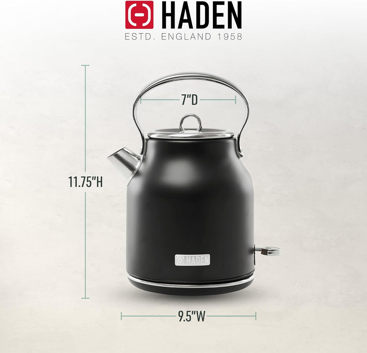 HADEN Heritage 1.7 Liter Stainless Steel Electric Kettle, Hot Water Kettle with 360-Degree Base and Auto Shutoff, Black & Chrome