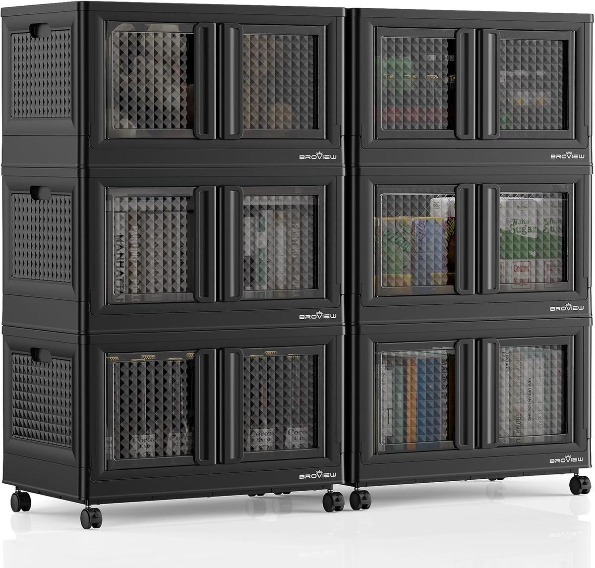 600Qt Stackable Storage Bins with Lids, 150Gal Closet Organizers and Storage Drawer, Plastic Collapsible Storage Bins with Doors, Heavy Duty Store Box Cabinet for Home Office, 6 Pack Black
