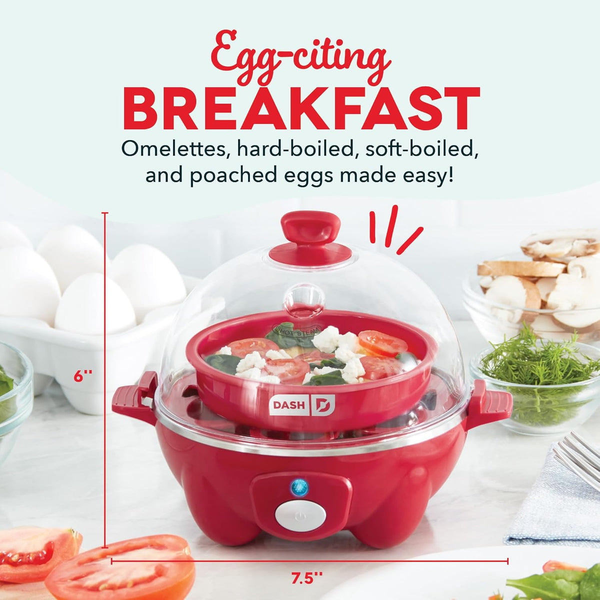 DASH Rapid Egg Cooker: 7 Egg Capacity Electric Egg Cooker for Hard Boiled Eggs, Poached Eggs, Scrambled Eggs, or Omelets with Auto Shut Off Feature - Red