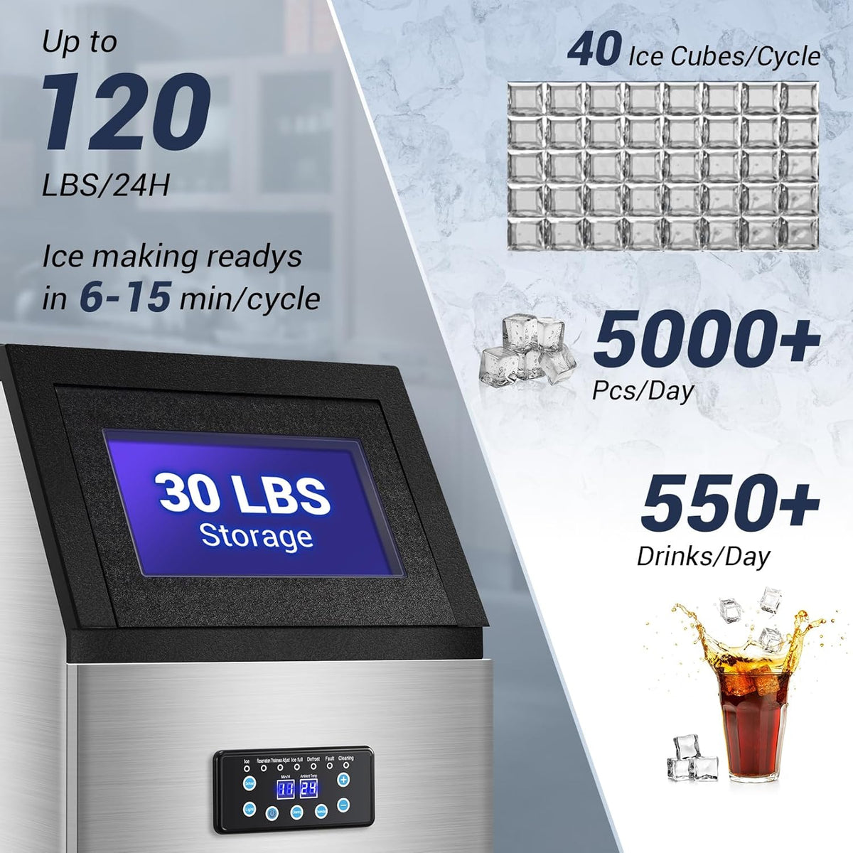 15" Wide Commercial Ice Maker Machine 120LBS/24H - 40PCS Ice Cubes per Cycle, with 30LBS Storage Bin Undercounter/Freestanding Ice Cube Maker for Home Bars and Outdoors, Self-Cleaning Ice Machine