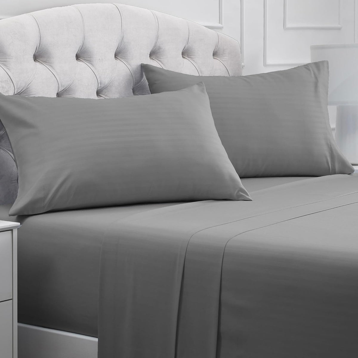 Mellanni Queen Sheets Set - 4 PC Iconic Collection Bedding - Hotel Luxury, Extra Soft, Cooling Bed Sheets - Wrinkle, Fade, Stain Resistant (Queen, Striped Gray/Silver)
