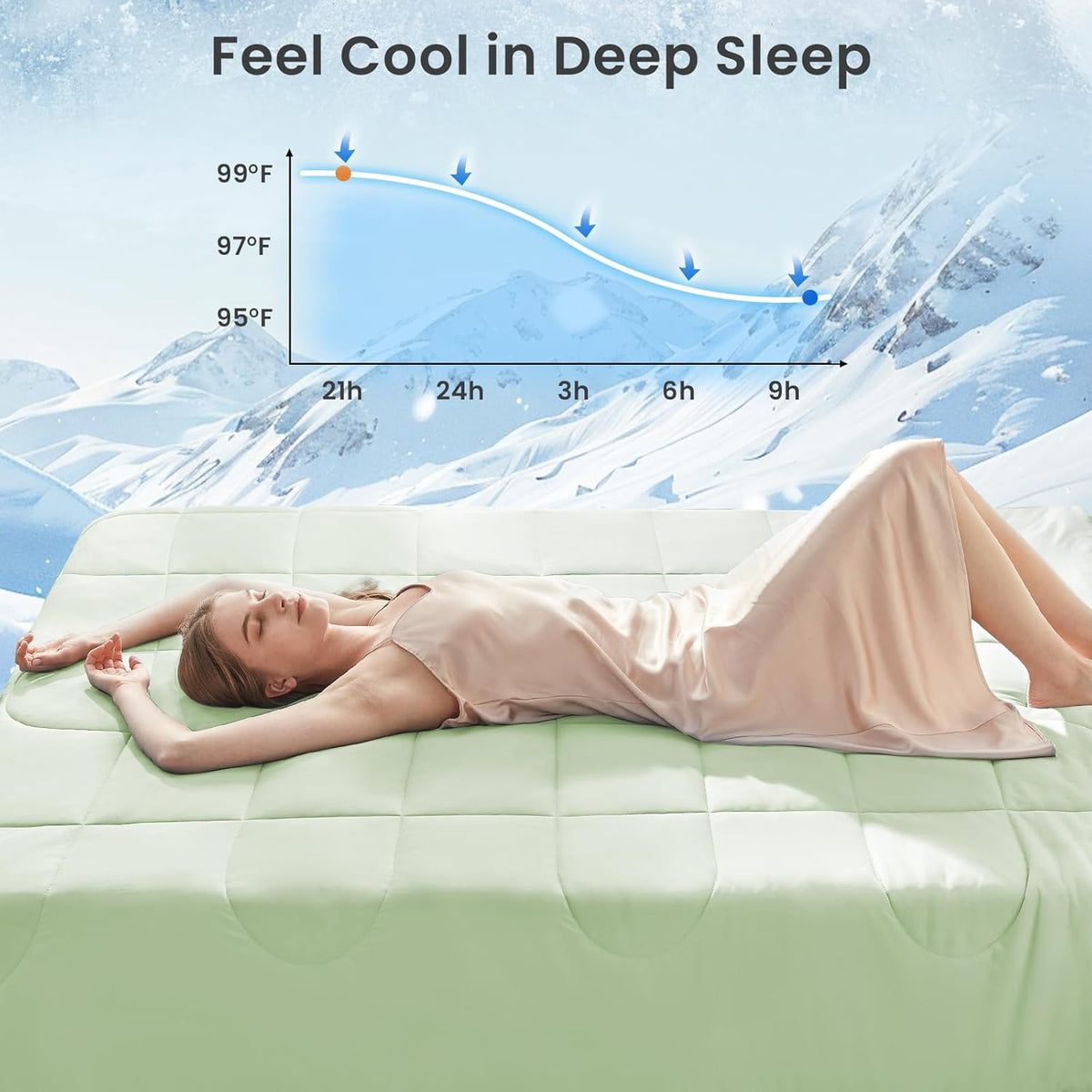 HYLEORY Cooling Comforter King Size - Summer Cooling Blanket for Hot Sleepers/Night Sweats, Double-Sided Cold Touch Silky Ice Comforters, Breathable Lightweight Beddings, Cool Green, 108"x90"