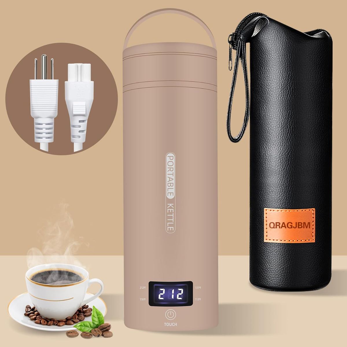 Travel Electric Kettle Portable Small Mini Tea Coffee Kettle Water Boiler, Water Heater with 4 Temperature Control,304 Stainless Steel with Auto Shut-Off & Boil Dry Protection, BPA-Free (Khaki)