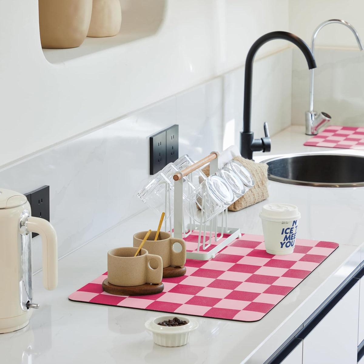 Checkered Dish Drying Mat for Kitchen Counter, Coffee Bar Station Accessories, Retro Cute Aesthetic Modern Absorbent Drainer Mat Kitchen Drying Mat Easy Clean, Hot Pink 12" x 19"