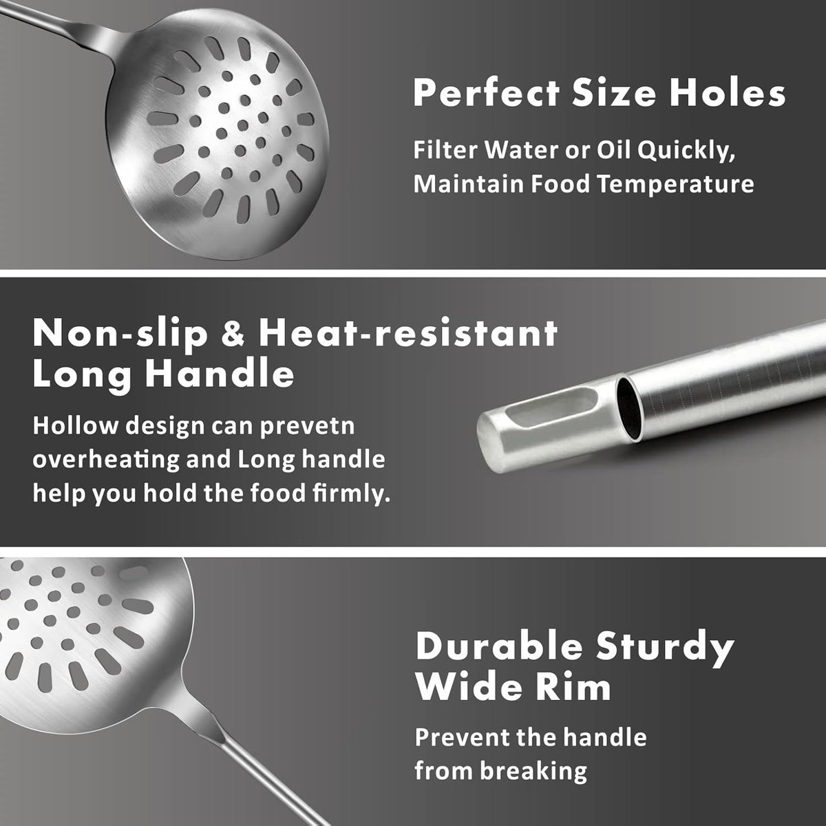 Yimi Cooking Skimmer Slotted Spoon, Durable 304 Stainless Steel Frying Strainer Ladle with Vacuum Ergonomic Handle, Heat Resistance Fryer Scoop Kitchen Utensil, Ideal for Gift, 14.8 Inches