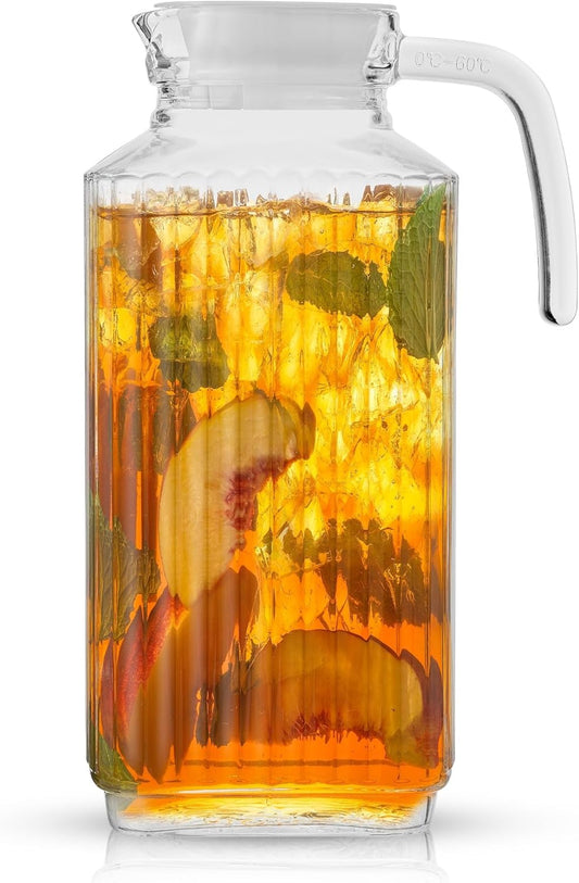 JoyJolt 60oz Glass Pitcher with Lid (2 Lids) - Beverage Serveware and Storage Container for Cold Drinks and Liquids. Juice Container, Water Jug, Fridge Pitcher for Iced Tea or Milk