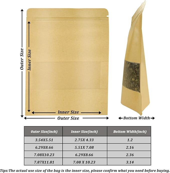 100 PCS Resealable Bags, Stand Up Kraft Paper Bags with Matte Window, Zipper Lock Food Storage Bags for Small Business and Home, 6.29 * 8.66 Inches Reusable Sealable Bags for Packaging