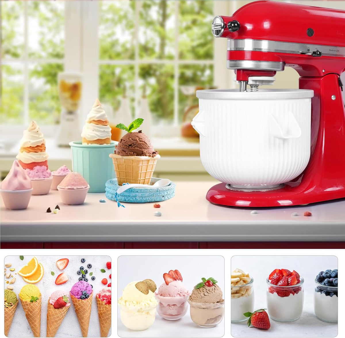 Ice Cream Maker Attachment for Kitchenaid, 2 Quart Frozen Ice Cream Bowl for Stand Mixer 4.5/5/6/7QT, Sorbet Gelato Maker for Homemade Ice, Dessert, Yogurt