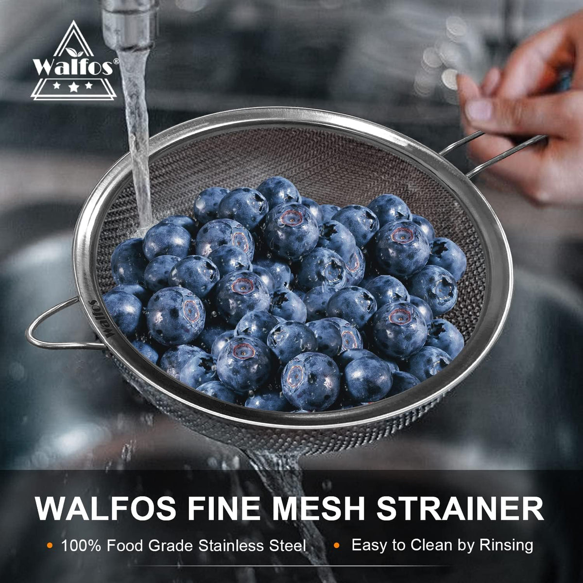 Walfos 9 Inch Large Fine Mesh Strainer, Kitchen Metal Food Strainers with Sturdy Handle, Stainless Steel 30 Mesh Sieve Sifters for Rice, Quinoa, Pasta, Fruits, Vegetables, etc.