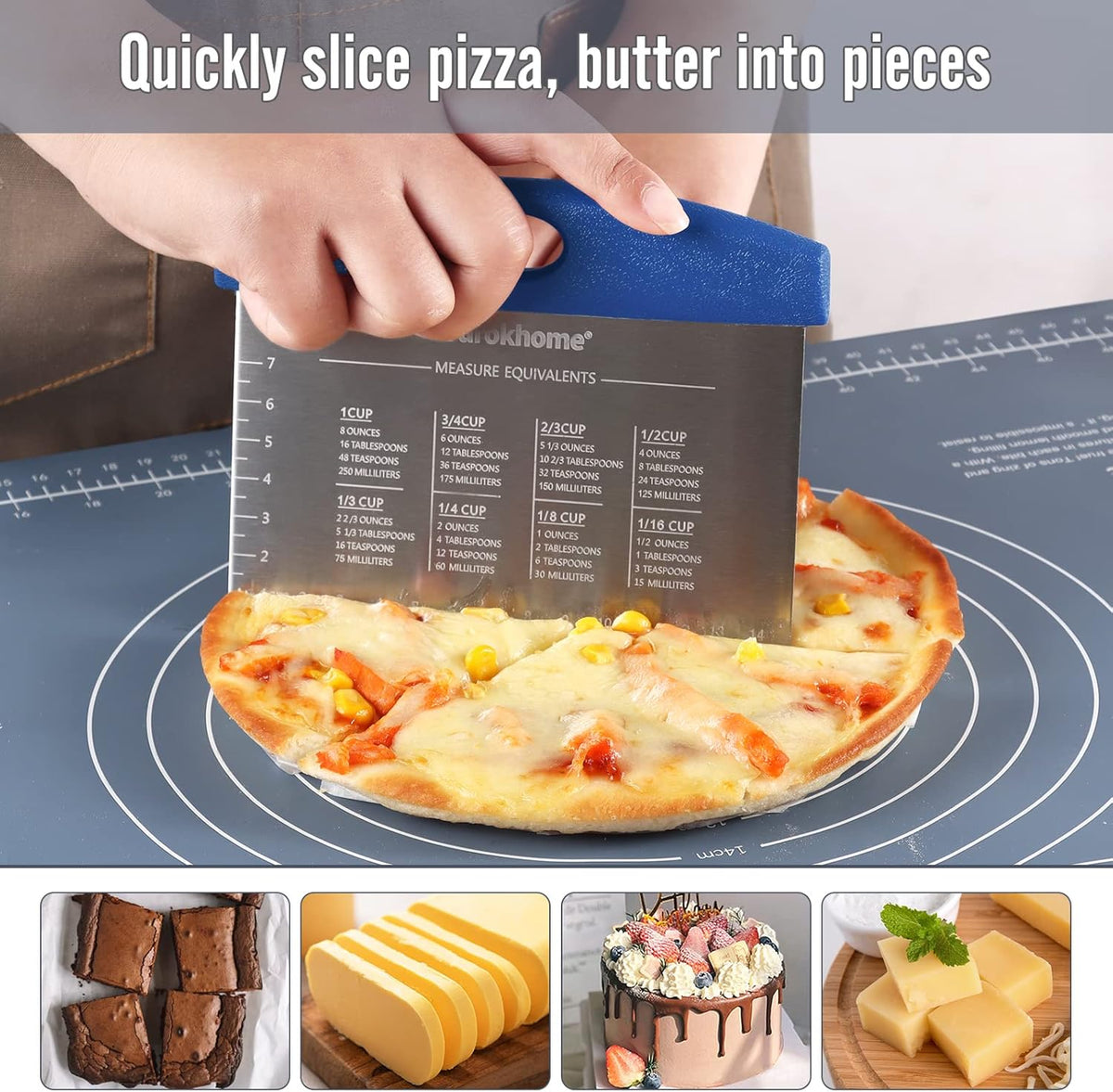 Ourokhome Dough Pastry Bench Cutter Scraper, Stainless Steel Pizza Cutter for Kitchen Baking, Dishwasher Safe, Anti-Wear Laser-Engraved Measuring Scale and Conversion Chart, 2 Pack, Blue