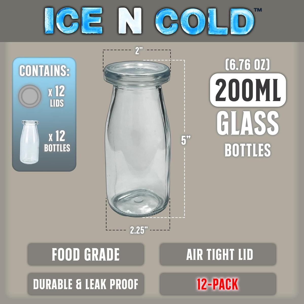 6.76 oz / 200ml Vintage Glass Bottle with Leakproof Clear Lid, Reusable & Eco-Friendly – Ideal for Milk, Juices, Smoothies, Infused Water, BPA-Free Glass Bottle (12-Pack)
