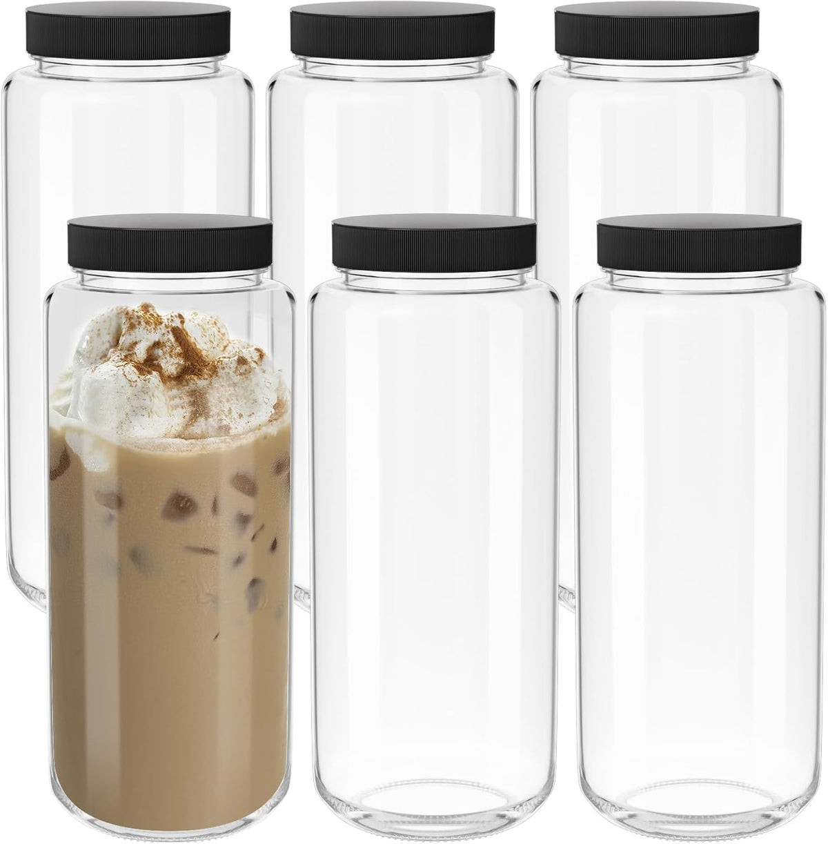 Keketin 16 oz Glass Juice Bottle with Airtight Lids,Set of 6 Wide Mouth Water Bottles for Beverages,500ML Reusable Empty Glass Drinking Jars for Juicing,Smoothies,Ginger and Milk