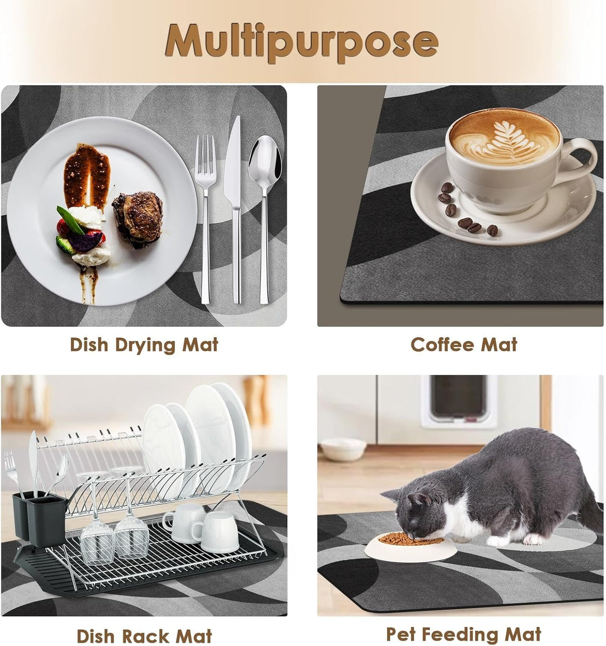 Arttown Coffee Mat for Countertops, Circular Geometric Modern Grey White Black Dish Drying Mat 2 Pcs for Kitchen Bar Accessories, Coffee Maker Espresso Machine Dish Rack Hide Stain Rubber 12x19in