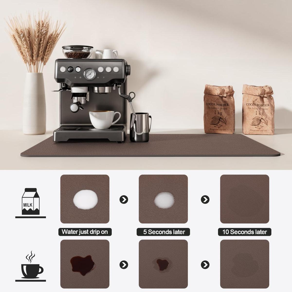 Dish Drying Mat for Kitchen Counter | Coffee Bar Mat for Countertops | Heat Resistant Drainer Mat with Non-slip Rubber Backed | Hide Stain Kitchen Absorbent Draining Mat | Brown 16"x24"