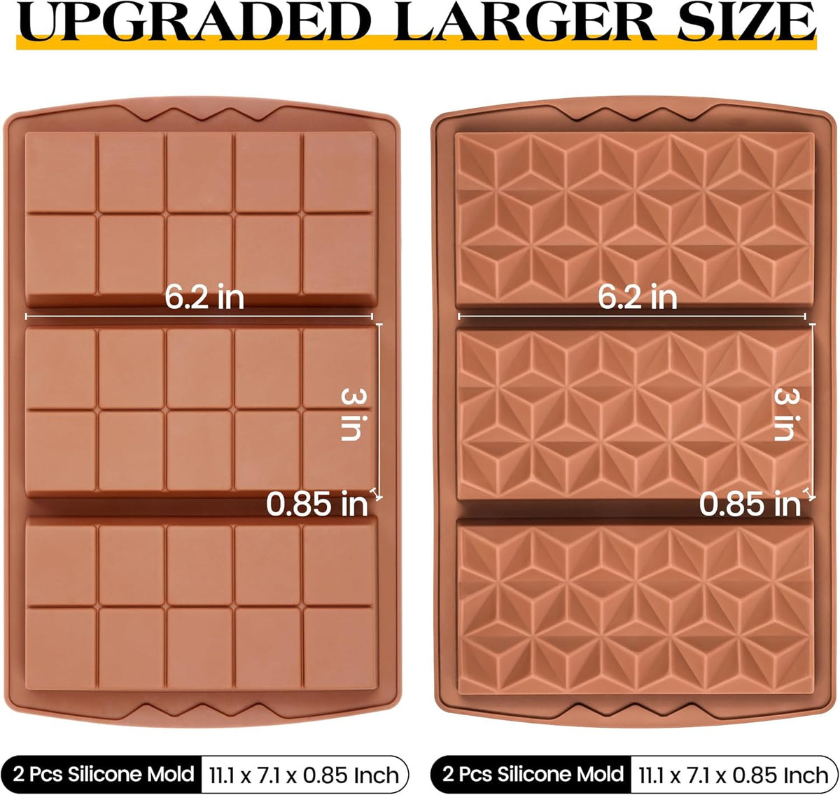 4 Pcs Chocolate Bar Mold Deep Dubai 0.85 Inch Stuffed Chocolate Molds Silicone Large Break Apart Silicone Molds (10 Snap + Pyramid)