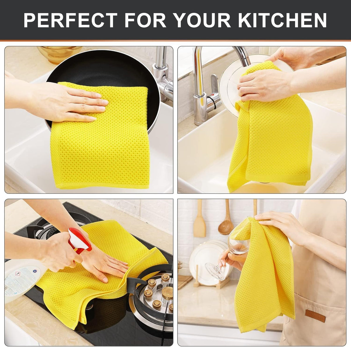 Kitinjoy 100% Cotton Waffle Weave Kitchen Towels, 4-Pack Super Soft and Absorbent Dish Towels for Drying Dishes, Kitchen Hand Towels, 13 in x 28 in, Yellow