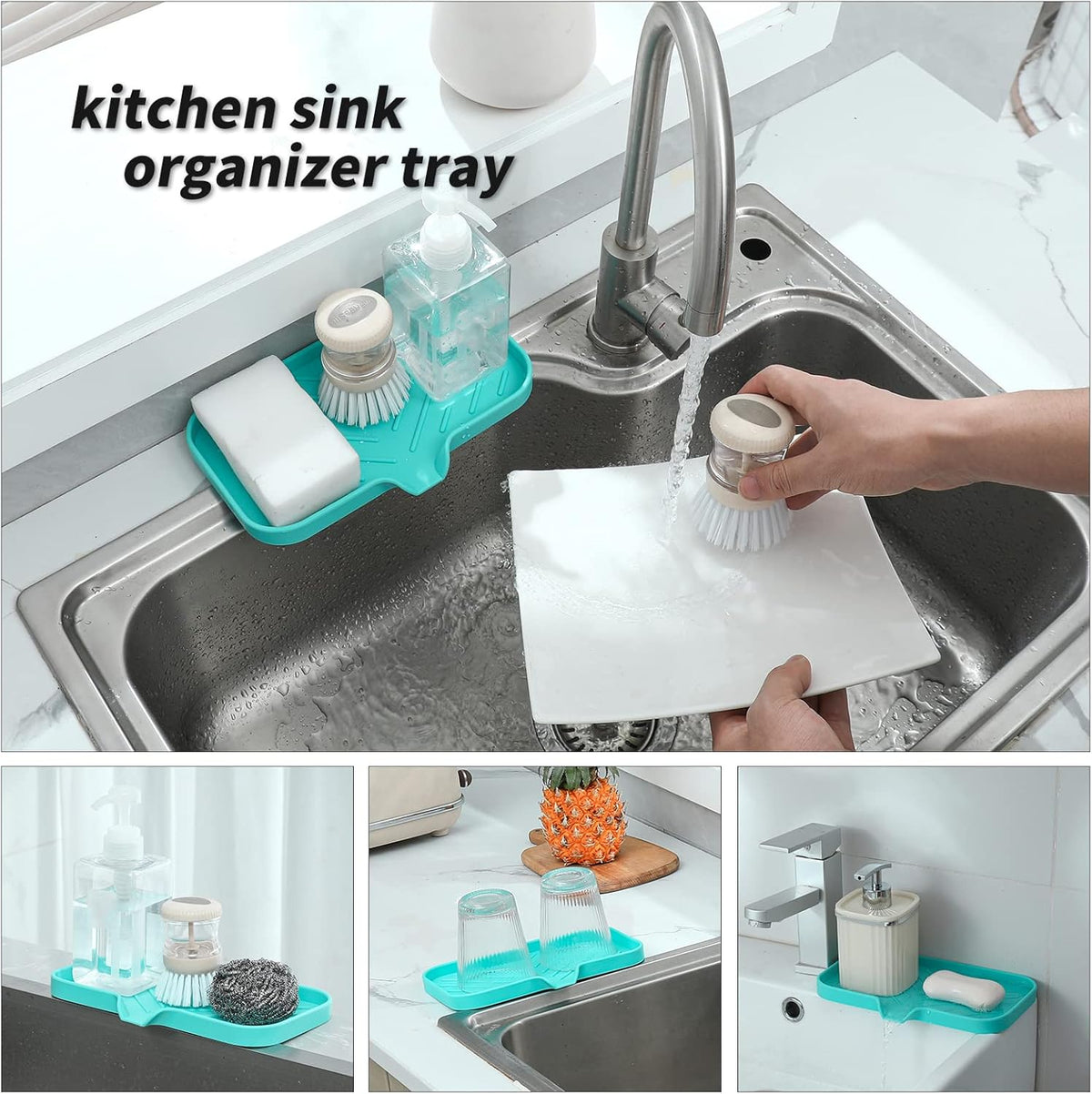Silicone Bathroom Soap Dishes with Drain Spout-Bathroom and Kitchen Sink Organizer,Sponge Holder,Dish Soap Tray,Perfect for Dispenser,Scrubber,Bottle,Cup on Sink or Counter-Mint 9.6"×5.3"