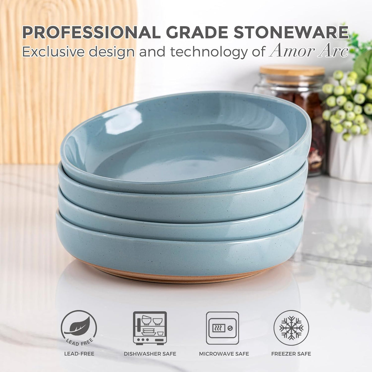 AmorArc 8.75'' Large Ceramic Pasta Bowls, 36oz Handpainted Stoneware Bowls Set of 4, Microwave&Dishwasher Safe Bowls with Rustic Terracotta Underside for Pasta Salad, Blue