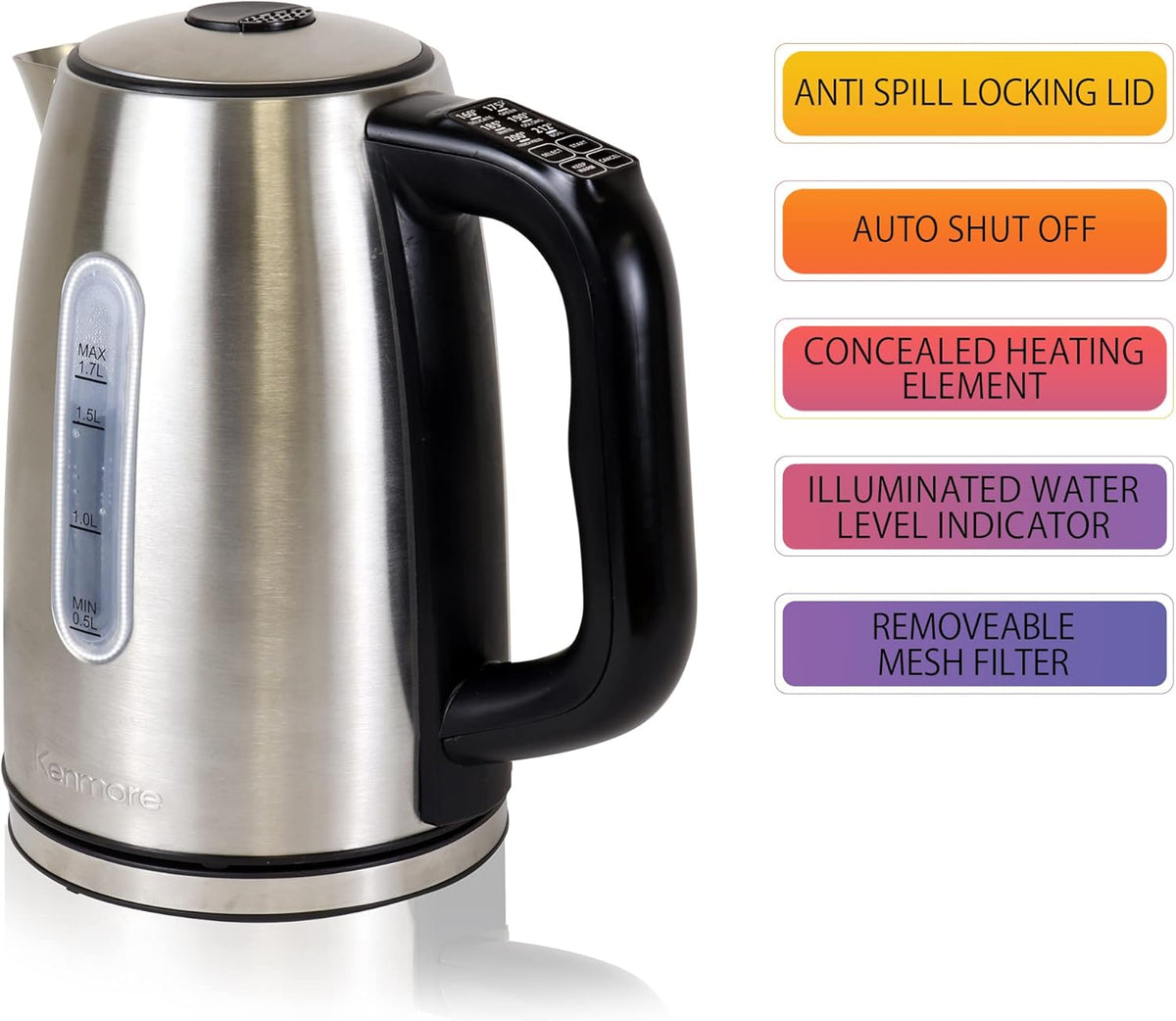 Kenmore Electric Kettle - Cordless Digital Calentador De Agua, Stainless Steel Instant Tea Pot, Preset Temperature Control, Automatic Shut-Off, Rapid Boil, Hot Water Boiling Heater, 1.7 Liter Silver
