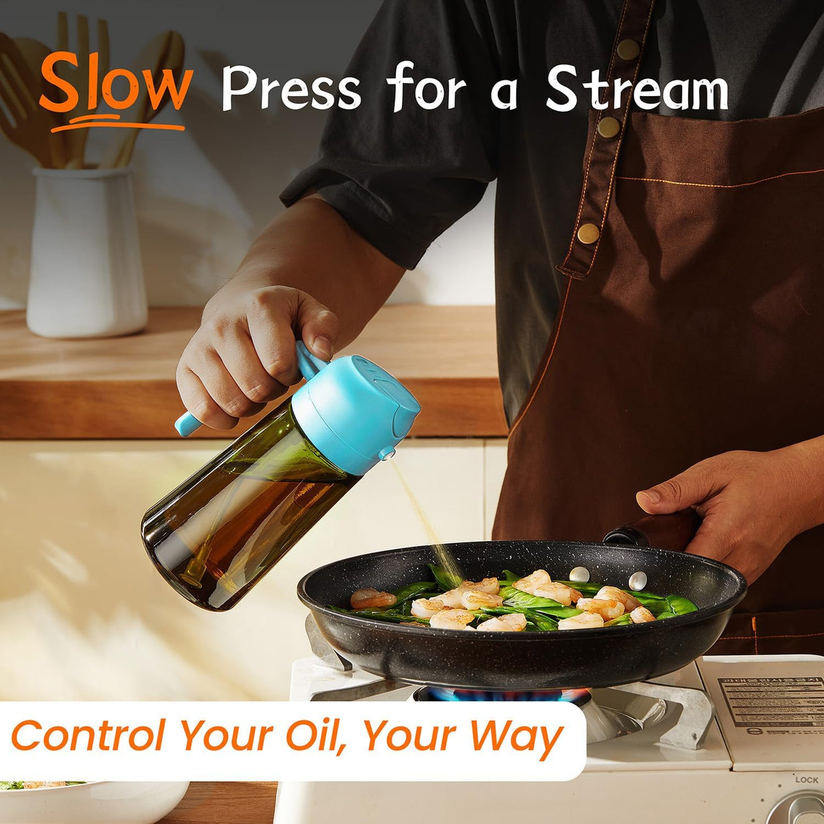 TrendPlain - Original 16oz/470ml Olive Oil Dispenser Bottle for Kitchen Gadgets and Air Fryer Accessories - Olive Oil Sprayer for Cooking w/Stickers - Sky Blue