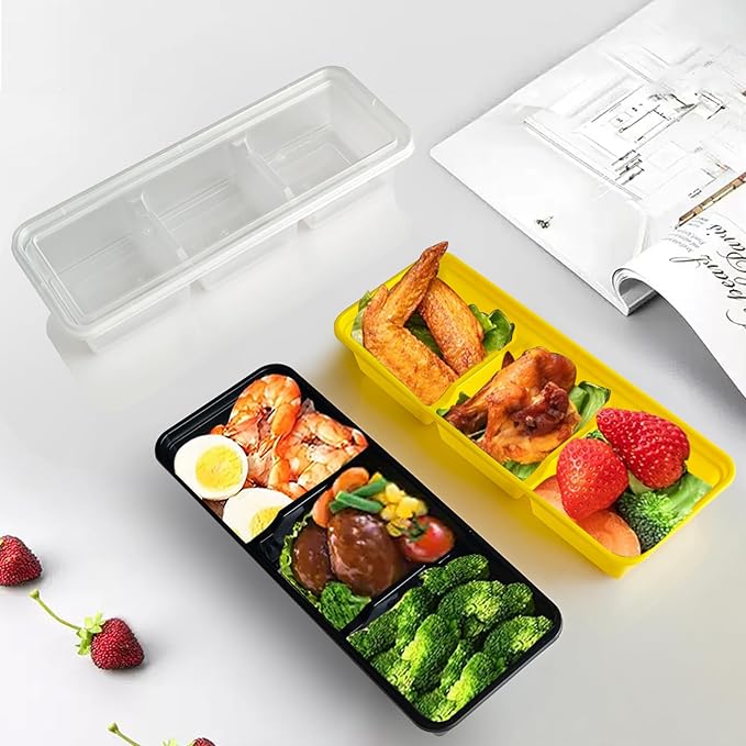 Disposable Food Storage Containers with Lids Meal Prep 3-Compartment To Go Take Out Plastic Black, Sturdy Leakproof Food Safe, Microwave Freezer Dishwasher Safe (50, 3 compartment)