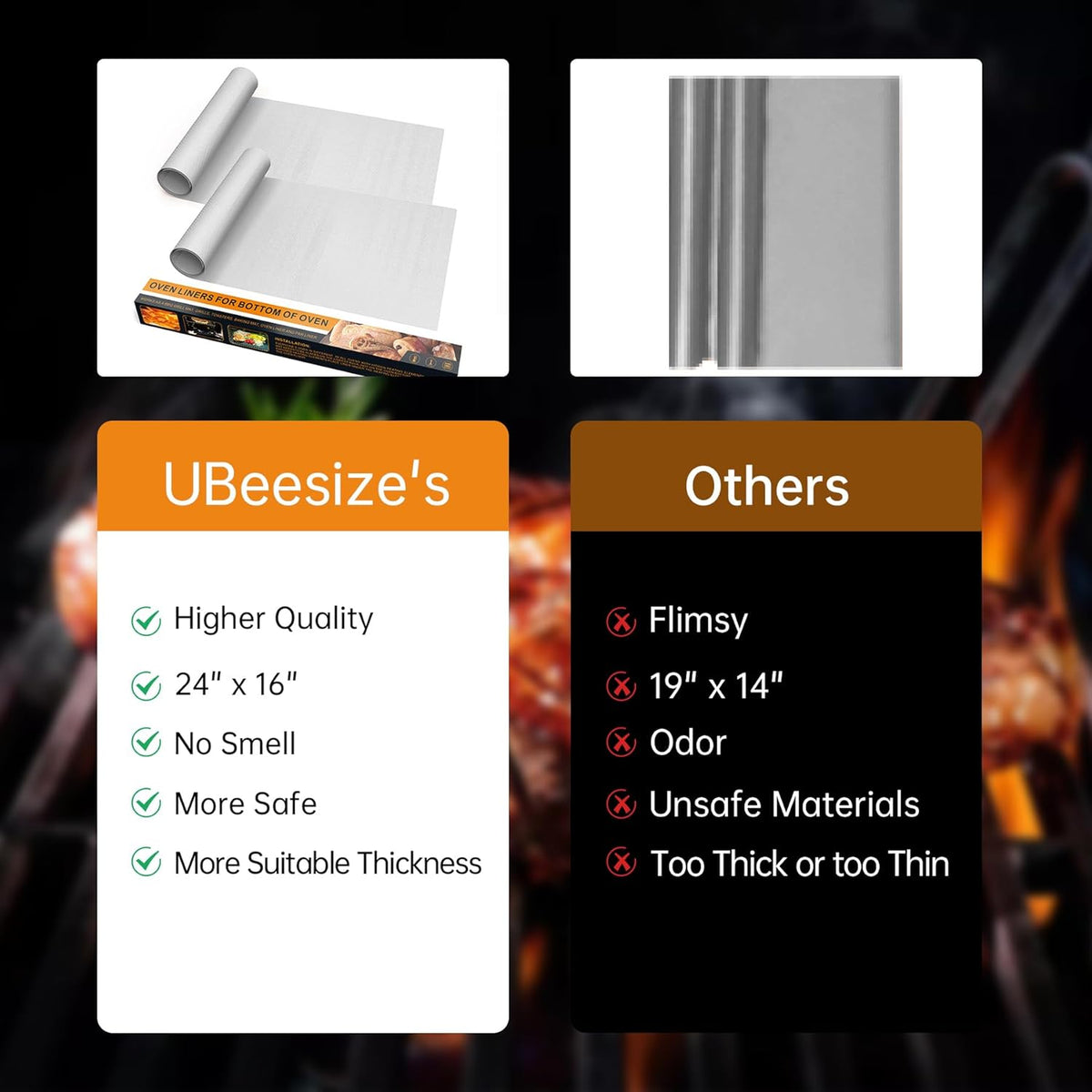 UBeesize 4 Pack Thickened Silver Oven Liners for Bottom of Oven BPA & PFOA Free, Reusable 16x24 Inch Heavy Duty Non Stick Teflon Oven Mats, Fit Electric Gas Toaster Convection Microwave Ovens Grills