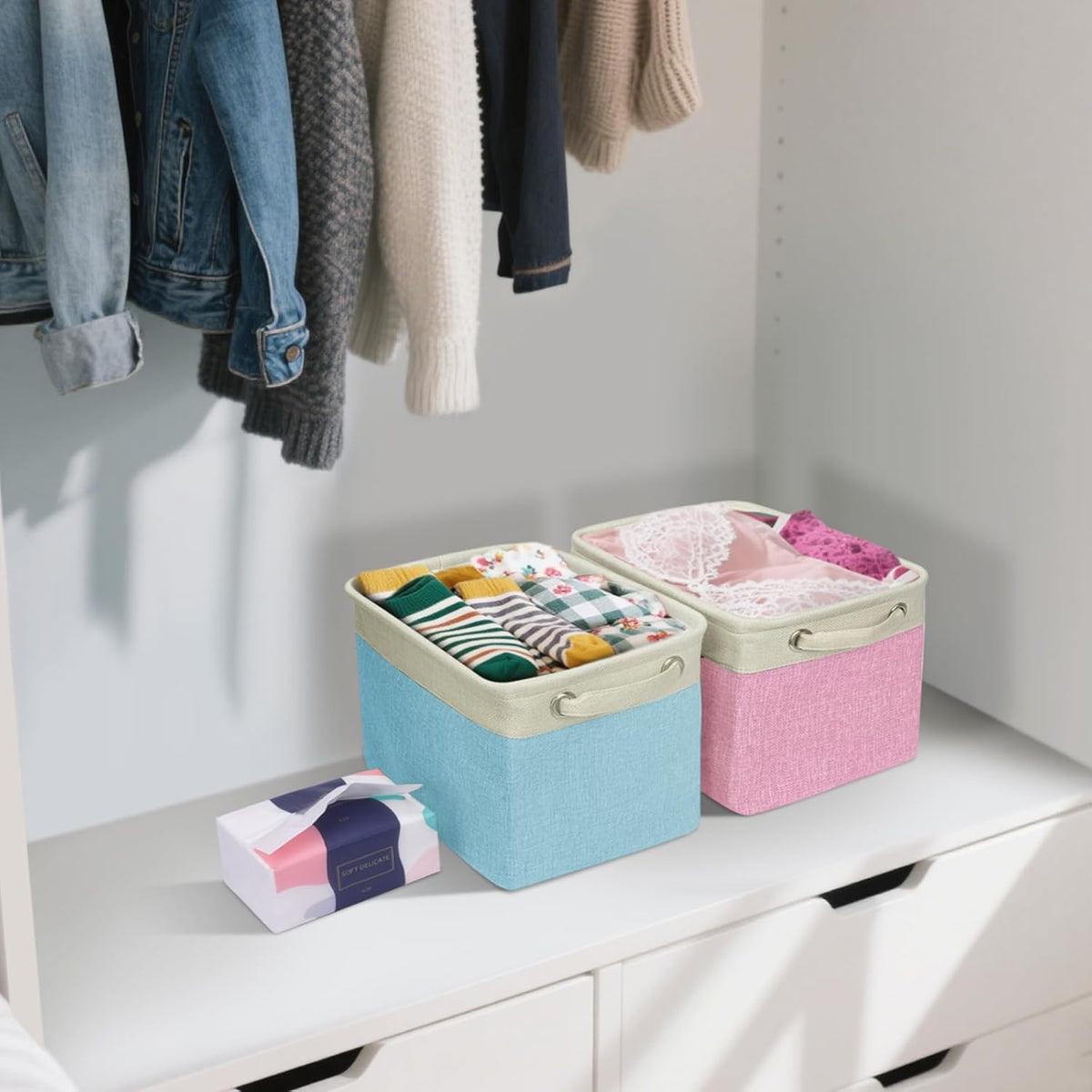 BALEINE 4 Pack Fabric Storage Bins for Shelves, Linen Storage Baskets for Organizing, Decorative Closet Bins for Clothes, Home (Green, 12"x8"x8")