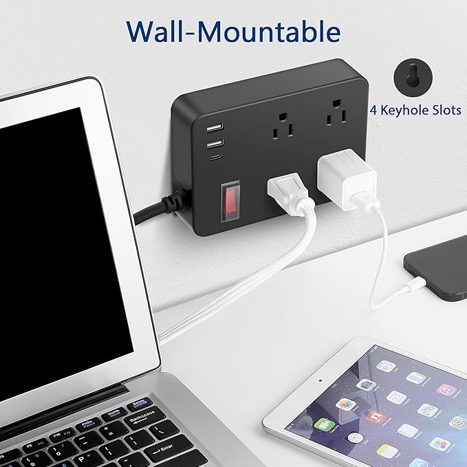 Outdoor Power Strip Weatherproof,Fast Charging Station 20W USB C,Waterproof Surge Protector 4 Outlets, Multi Outlet Extension for Camping, Garden, Kitchen,Bathroom,Flat Plug (Black, 10 FT Cable)