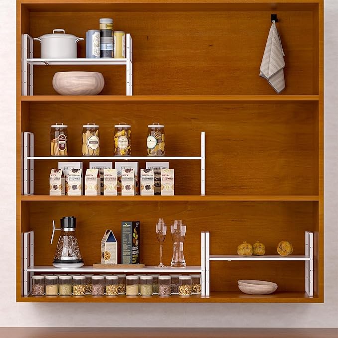 Redrubbit 2 Pack Expandable Cabinet Shelf Organizers, Stackable Kitchen Counter Shelves Spice Rack for Kitchen Bathroom Pantry Cupboard Desk Home Office, White-Large