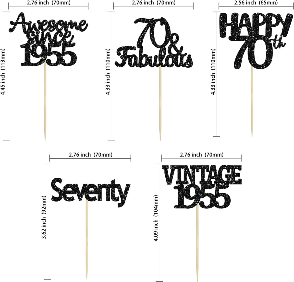 Gyufise 30Pcs 70th Birthday Cupcake Toppers Vintage 1955 Seventy Cake Decorations Cheers to 70 Fabulous Seventy Cupcake Picks 70th Birthday Wedding Anniversary Party Cake Decorations Supplies Black