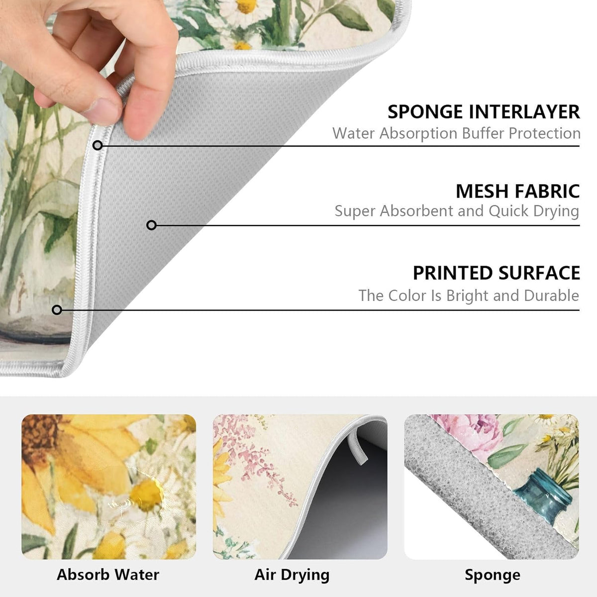 Spring Summer Floral Jars Flowers Dish Drying Mat for Kitchen Counter Absorbent Microfiber Large Drying Pad Dish mats for Kitchen Countertops 18 x 24 Inch