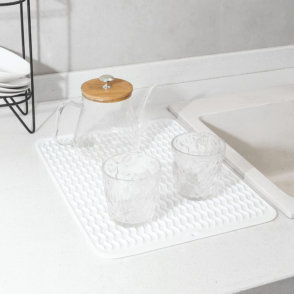 Silicone Dish Drying Mat for Multiple Usage,Easy clean,Eco-friendly,Heat-resistant Silicone Mat for Kitchen Counter or Sink,Refrigerator or drawer liner White L 16 inches x 12 inches