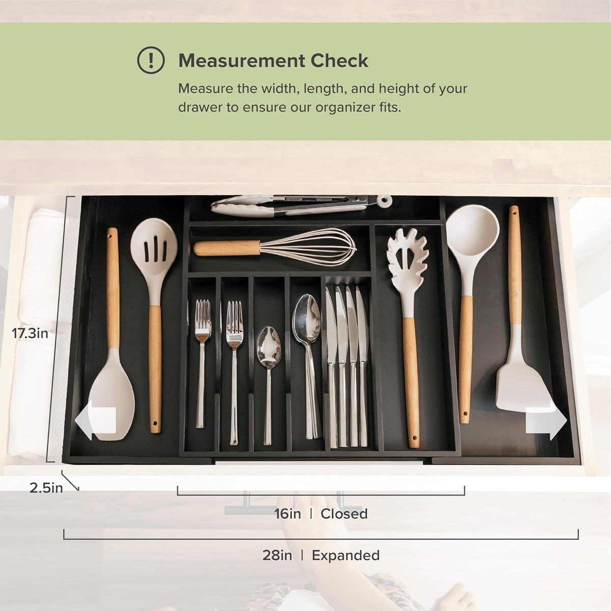 KitchenEdge Premium Silverware, Flatware and Utensil Organizer for Kitchen Drawers, Food-Safe Contract Grade, Expandable from 16 to 28 In, Black Bamboo