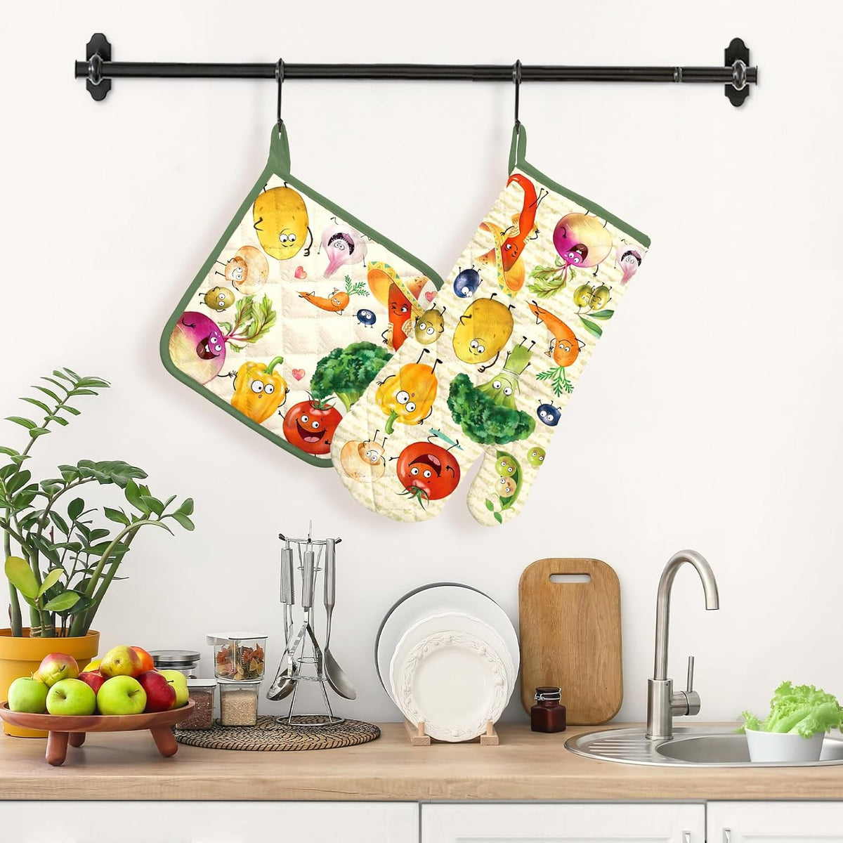 Vegetables Oven Mitts and Pot Holders Sets 2Pcs, 100% Cotton Heat Resistant, Extra Long Oven Gloves Potholder for Kitchen Cooking Baking Decoration