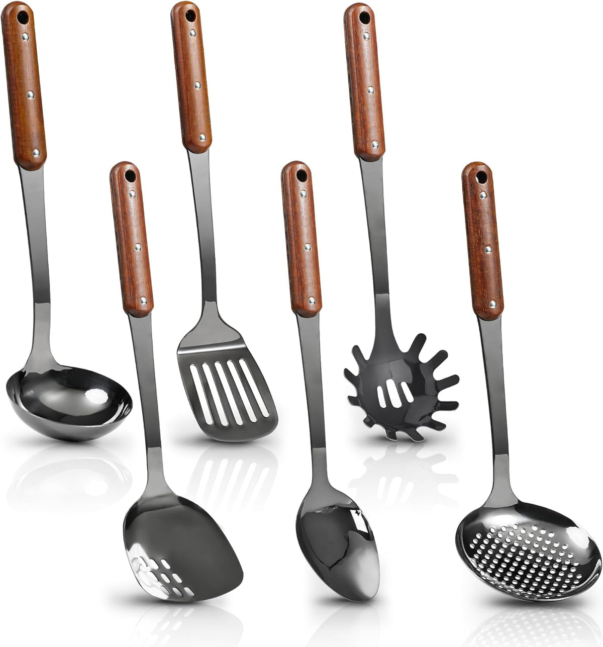 Stainless Steel Mirror Polished Kitchen Utensils Set - 6pcs Cooking Utensils Set with Wooden Handle, Heat Resistant Kitchen Tool Set for Cooking with Turners,Spatula,Ladle,Skimmer,Solid Spoon,Pasta